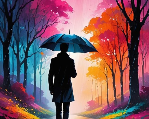 Vibrant Rain-Soaked Path with Colorful Trees and Umbrella