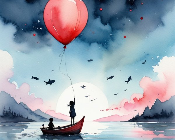 Watercolor Scene of Children in Boat at Sunset