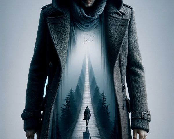 Mysterious Figure in Dark Coat in Surreal Landscape