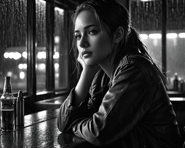 A contemplative woman at a reflective bar counter