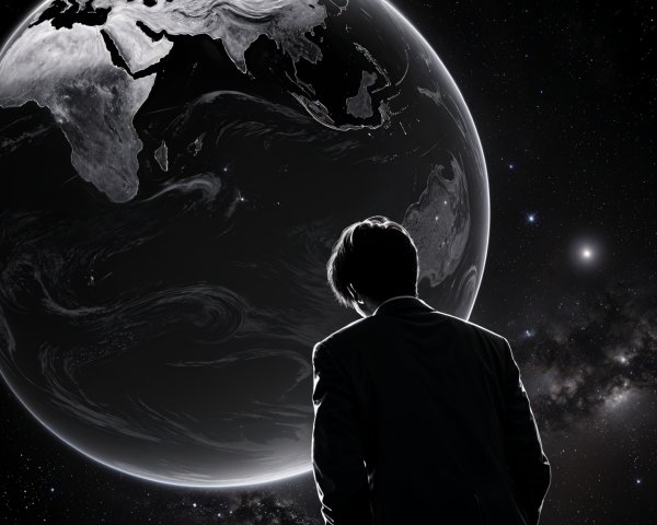 Silhouetted Figure Contemplating Earth in Cosmic Scene