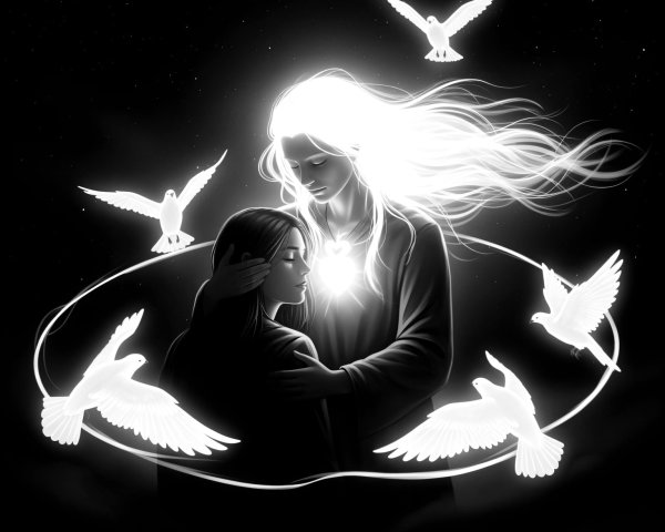 Mystical Embrace with Glowing Birds in Black-and-White