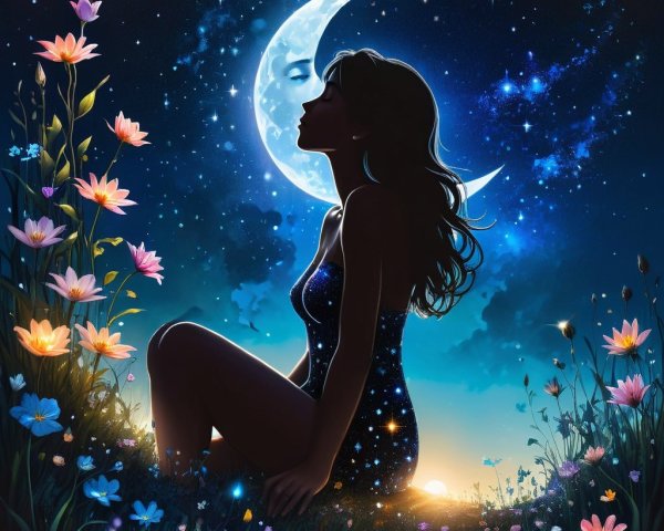 Silhouette of a Woman in a Flower Field at Night