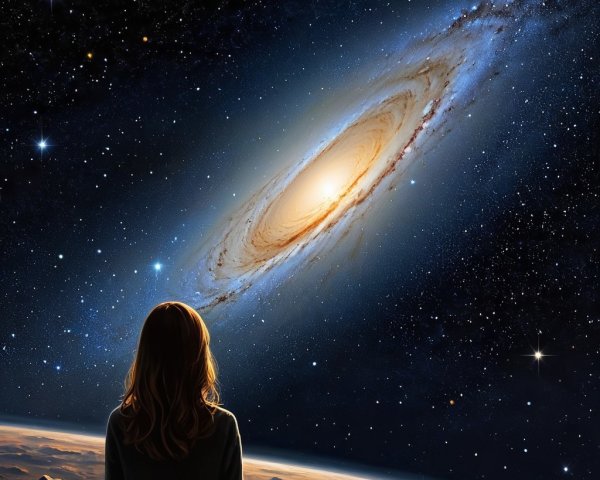 Person gazing at a vibrant galaxy from a planet's edge