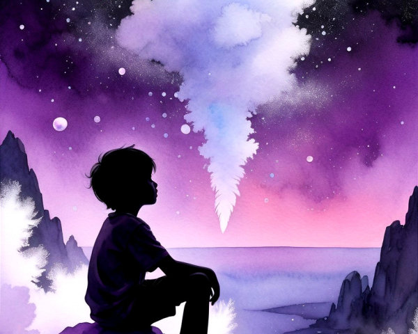 Watercolor of Child on Rocky Peak in Fantasy Landscape