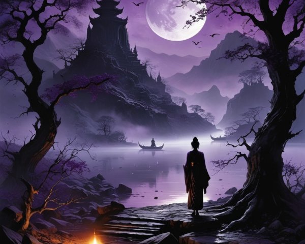 Serene Moonlit Landscape with Tranquil Waters and Trees