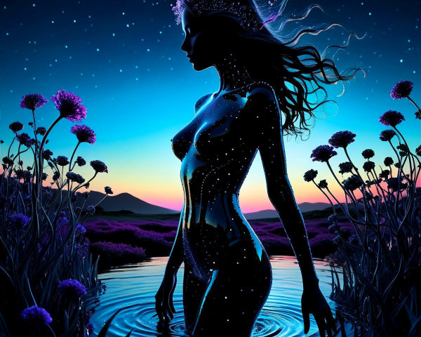 Silhouette of a Woman by Serene Water and Flowers
