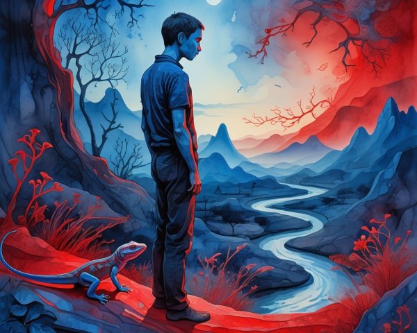 Surreal Landscape with Cliff, River, and Moonlight