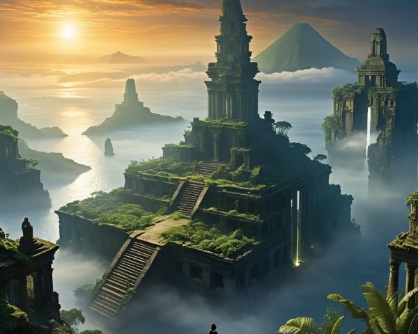 Ancient Ruins in Misty Landscape at Sunset