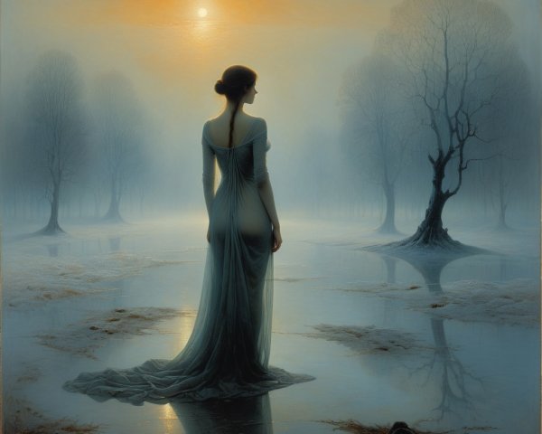 Misty Twilight Landscape with Woman by Reflective Water