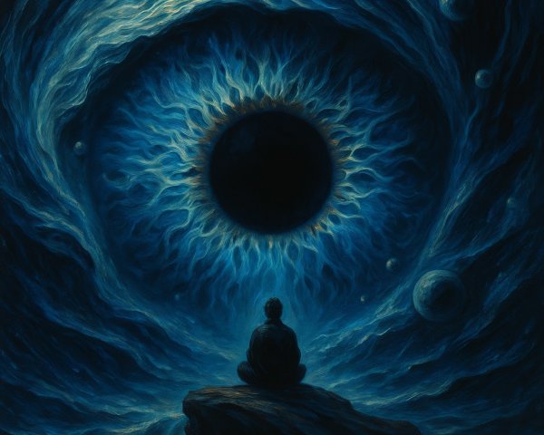 Serene Figure Overlooking Cosmic Landscape with Eye