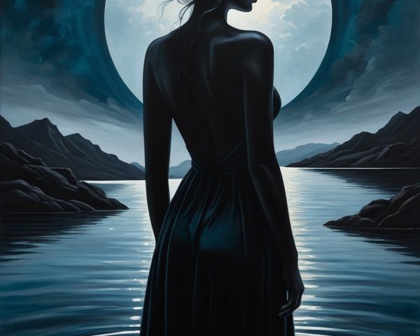 Silhouette of a woman by a moonlit water body