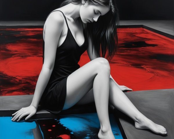 Young woman in black dress with abstract colors