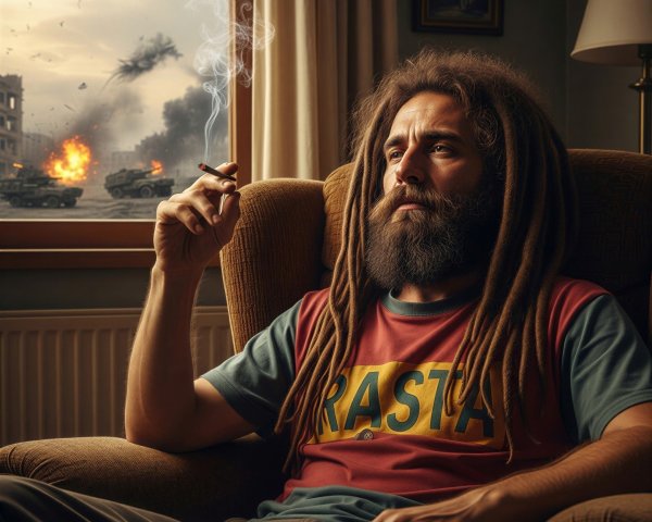 Man in Armchair Amidst War-Torn City Scene