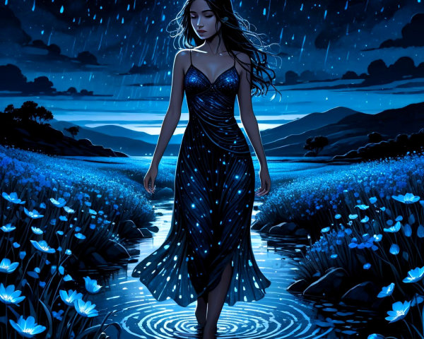 Young Woman in Dark Gown by Tranquil Stream and Flowers