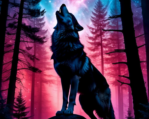 Majestic wolf howling in a mystical forest scene