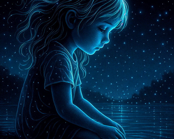 Young girl by a tranquil lake under starry night sky