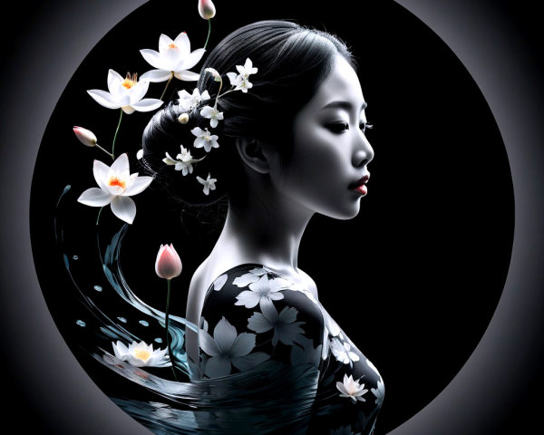 Profile of a Young Woman Surrounded by Lotus Flowers