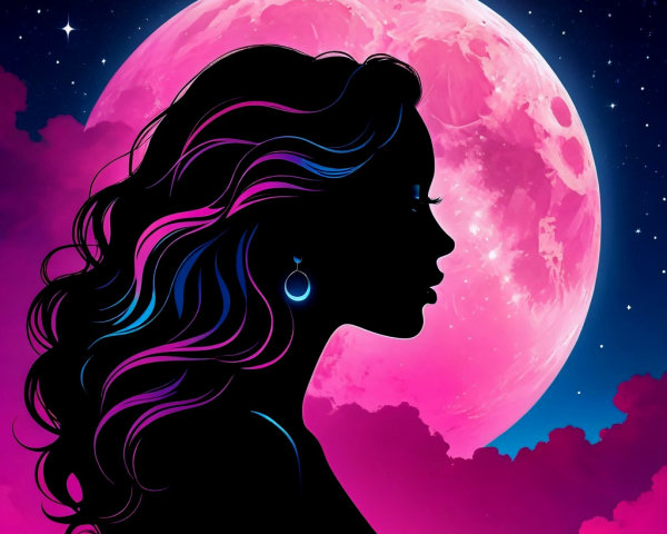 Silhouette of a Woman Against a Glowing Pink Moon