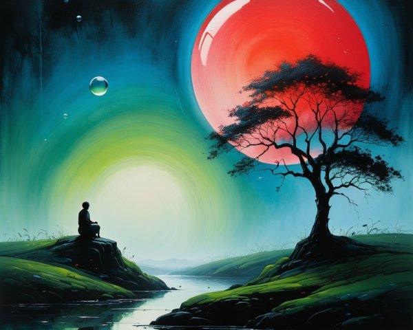 Solitary Figure Meditating by Tranquil River at Sunrise