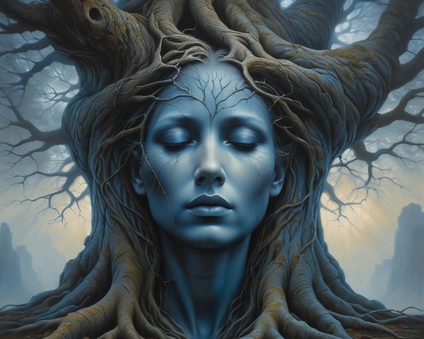 Surreal Human Face Merged with Tree Elements
