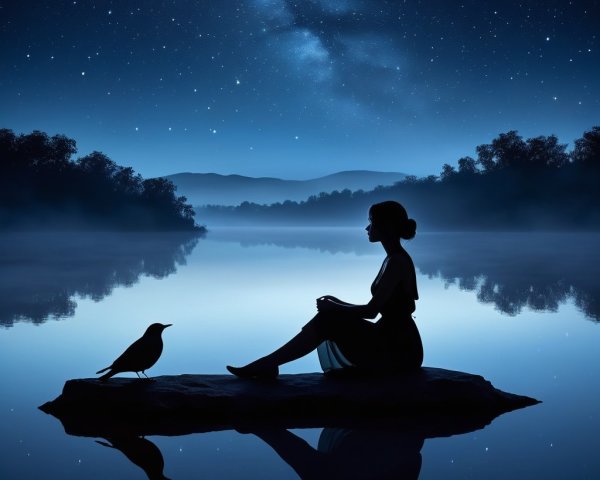 Serene Nighttime Scene at a Still Lake with Silhouette