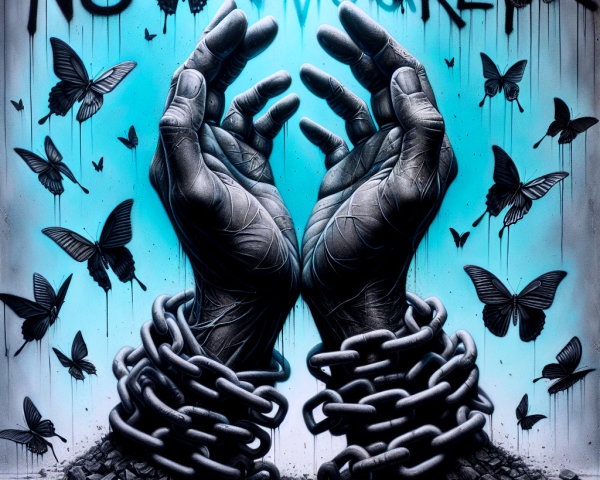 Artwork of Hands Breaking Chains with Butterflies
