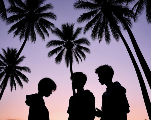 Three figures silhouetted by a colorful sunset sky