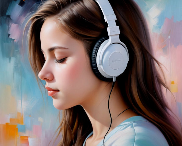 Young woman with headphones in vibrant abstract setting