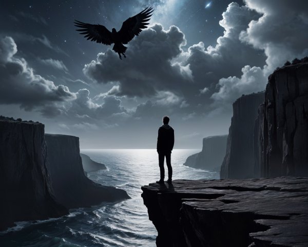 Solitary Figure on Cliff Overlooking Ocean and Stars