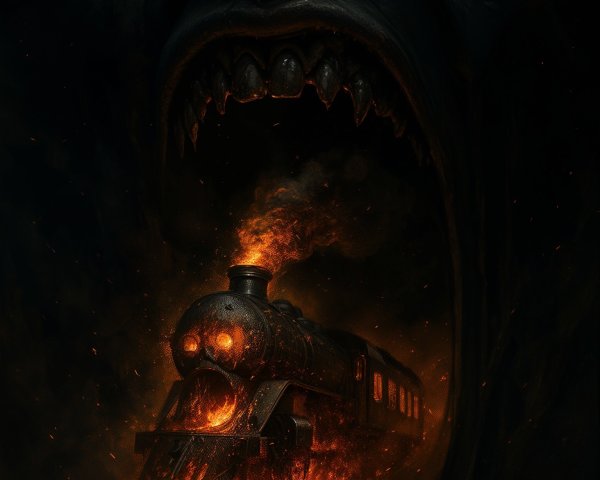 Grotesque Face with Emerging Fiery Steam Train