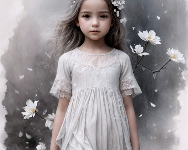 Ethereal Portrait of a Girl with Grey Hair and Flowers