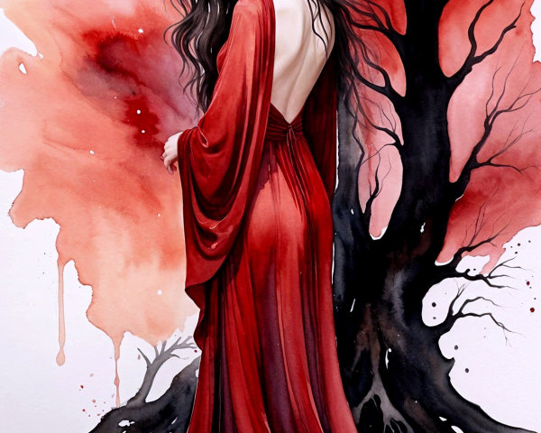 Graceful figure in red gown against dark backdrop