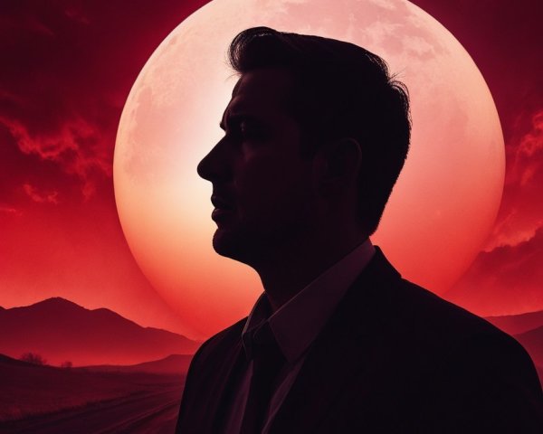 Silhouette of a Man Against Dramatic Moonlit Landscape