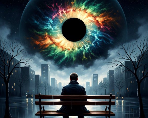 Solitary Figure Beneath Cosmic Eye in Cityscape