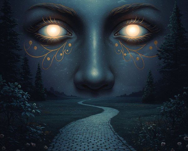 Mystical Nighttime Scene with Ethereal Face and Stars