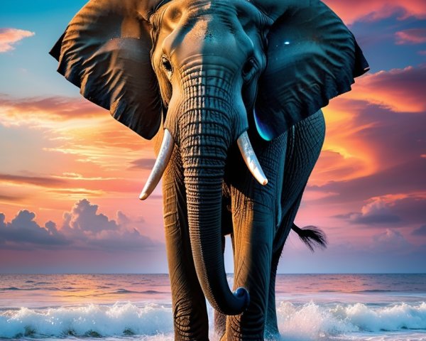 Elephant at Beach During Vibrant Sunset Scene