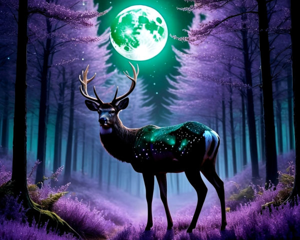 Majestic deer in a magical forest under a glowing moon