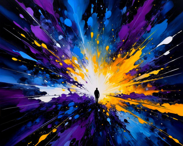 Vibrant Abstract Painting with Central Silhouetted Figure
