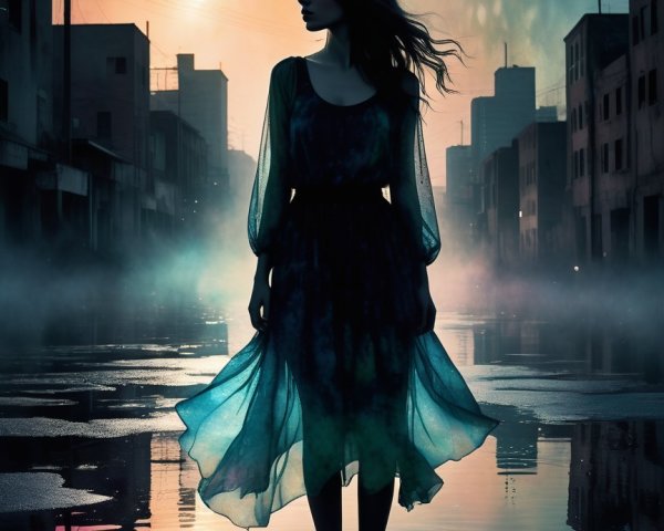 Silhouette of Woman in Ethereal Dress by Waterway