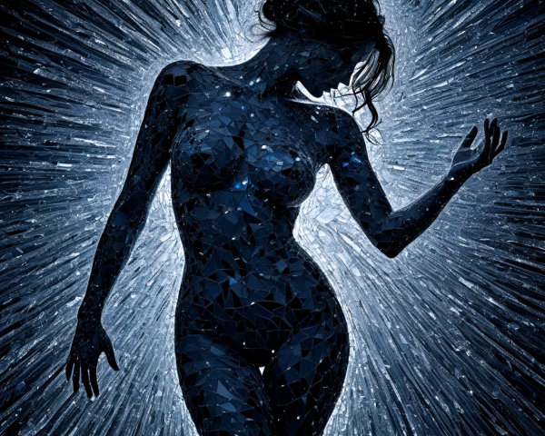 Silhouette of a Woman in Mosaic Patterns with Light Rays