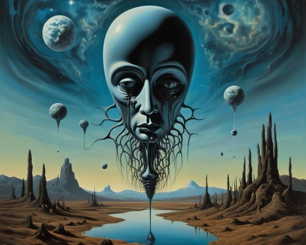 Surreal Landscape with Giant Ethereal Face and Lake