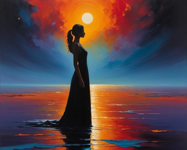 Silhouette of a Woman in Serene Sunset Waters