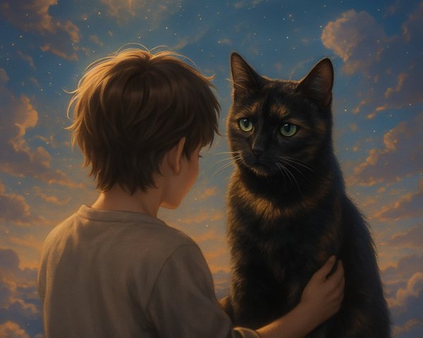 Young boy and cat in a dreamlike cloud scene