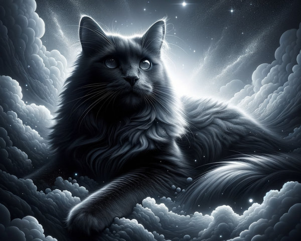Majestic Cat in a Celestial Cloudy Landscape