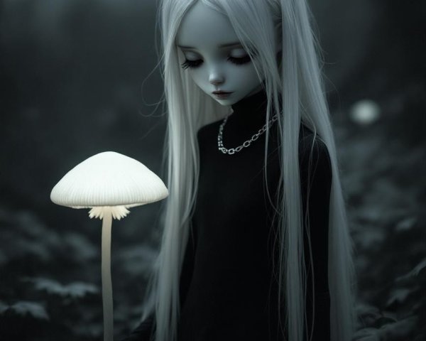 Mystical Doll in Enchanted Forest with Luminous Mushroom