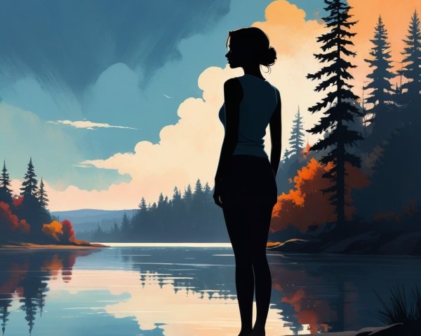Silhouette of Woman by Tranquil Lake at Sunset