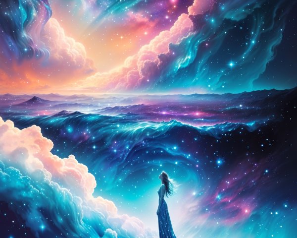 Ethereal Scene of Vibrant Clouds and Cosmic Elements