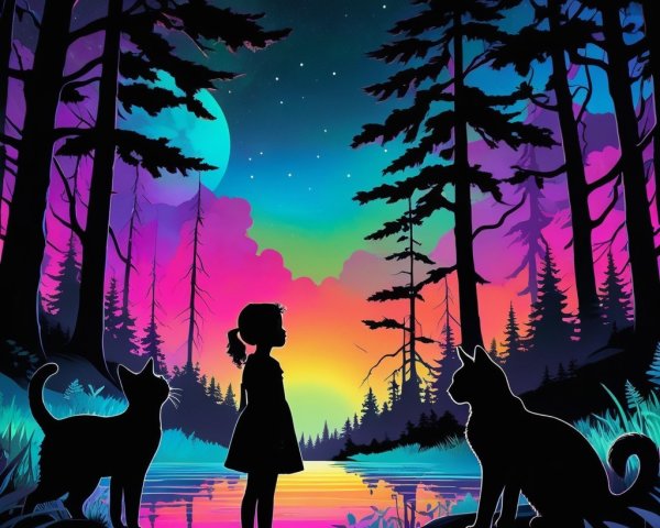 Girl by a tranquil lake at sunset with pets