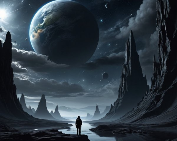Surreal Landscape with Starry Sky and Rock Formations